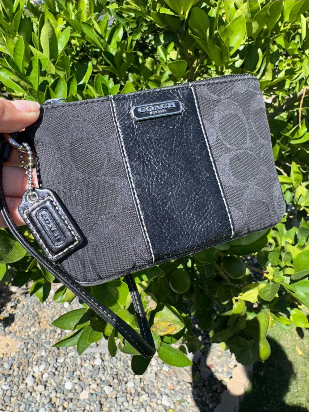 Coach Black Signature Canvas Zip Wristlet And Leather Stripe Women Clutch Wallet